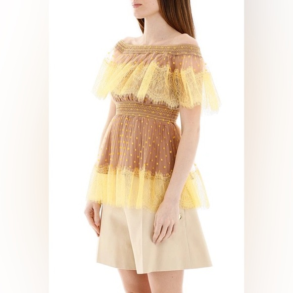 NWT Self Portrait Polka Dot Off-shoulder Tulle Top In Yellow Nude Size 4 - Picture 2 of 6